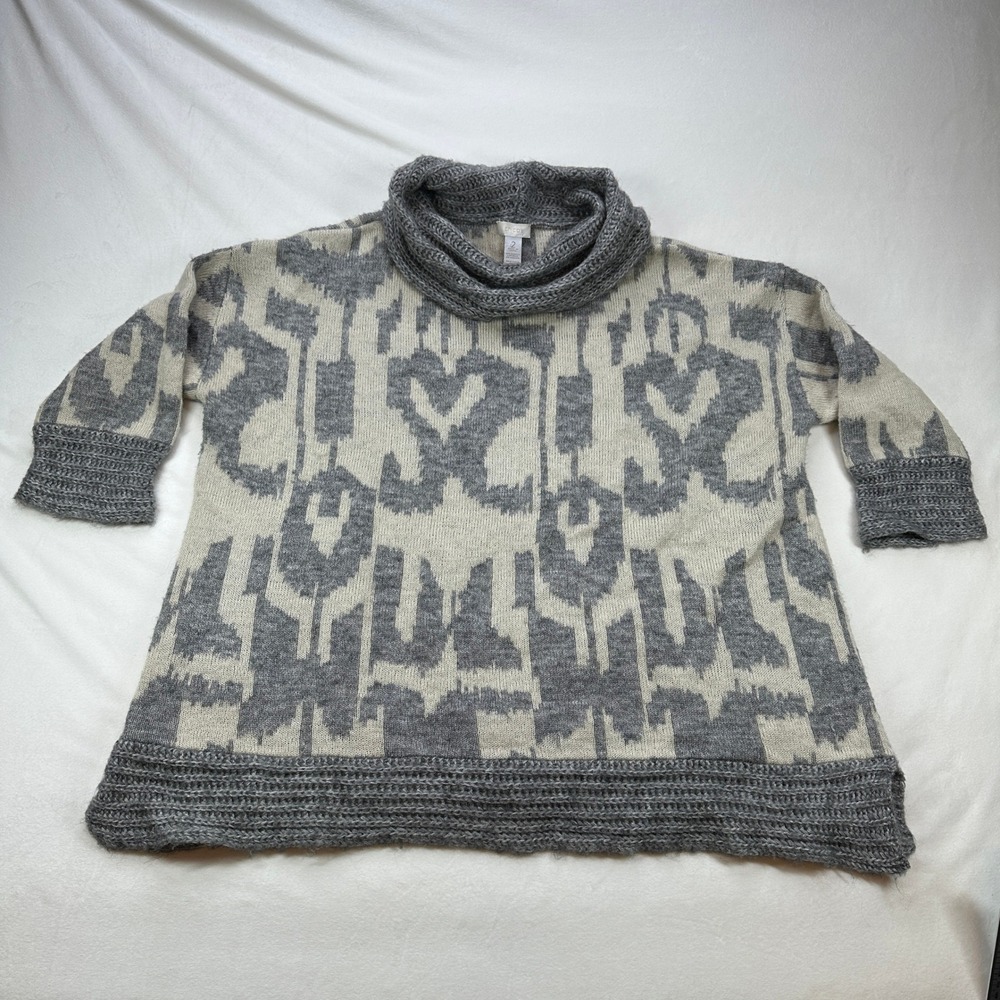 Chicos Gray Beige Abstract Pattern Cowl Neck‎ Wool Mohair Sweater Size 2